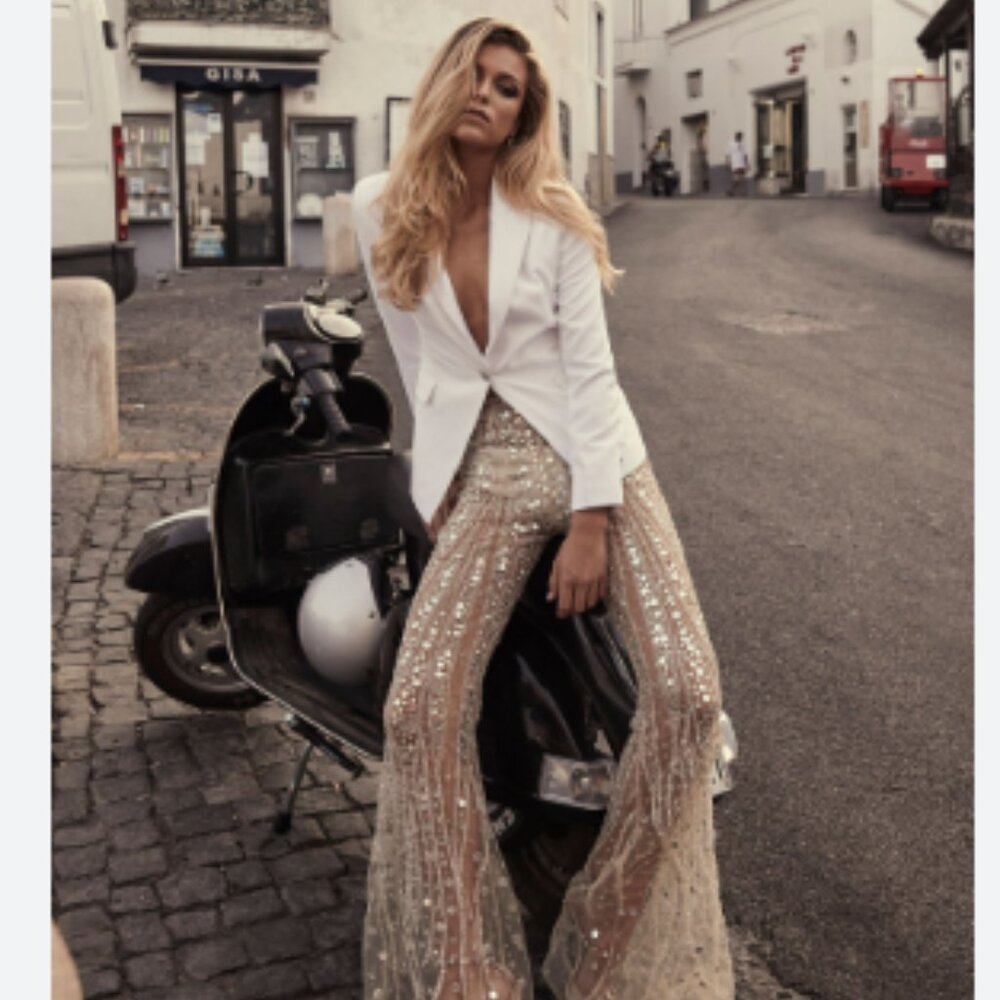 H&M Trend Beige Silver Sequin Flare Trousers  (new)(Size 8)